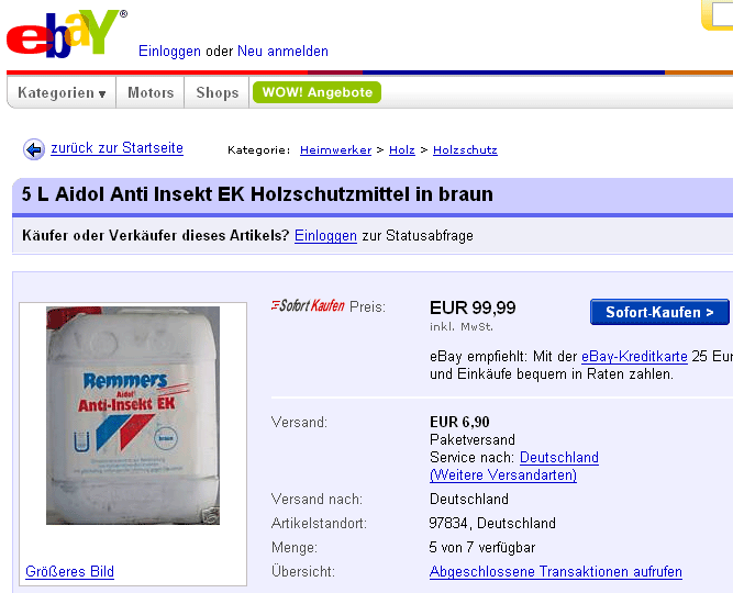 7 x 5 ltr. Aidol Anti-Insekt EK in braun für 99,99 Euro mit der Zulassungs-Nr. Z-58.2-1433