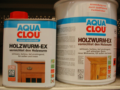 Aqua Clou Holzwurm-EX im <750 ml Gebinde ohne Anwendungseinscgränkung und 2,5 ltr. Gebinde mit Anwendungseinschränkung "Anwendung nur durch qualifizierte Fachkräfte"